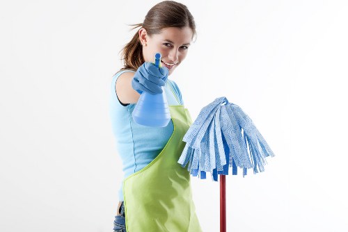 Carpet cleaning team preparing equipment safely indoors